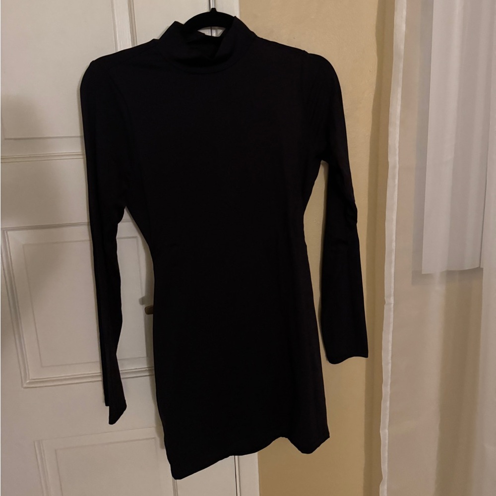 Mock neck open back black dress